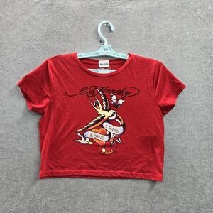 Ed Hardy Junior Shirt L Red Crop Graphic True Love Cut Out Heart Baby Tee READ
